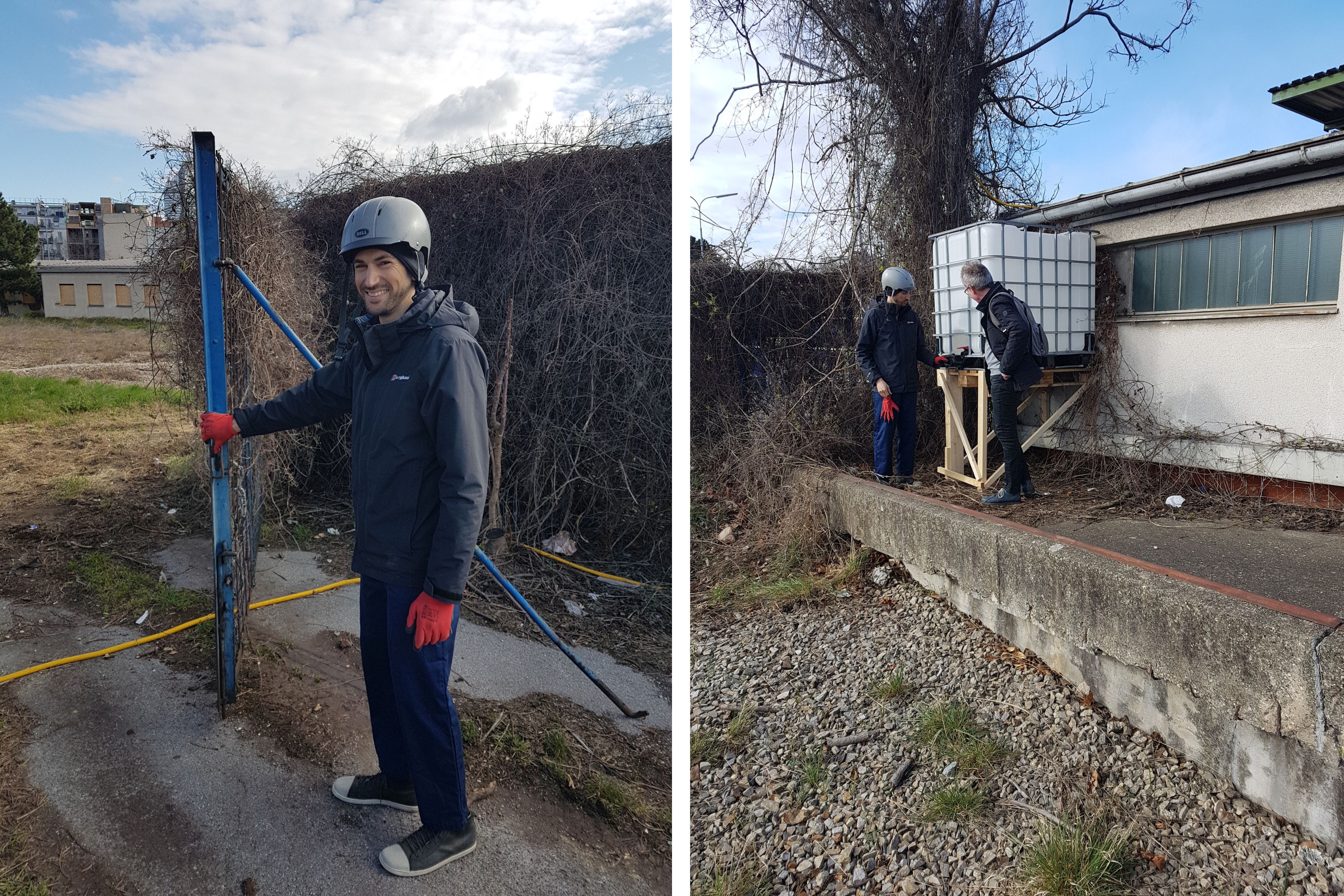 Side-by-side photos of 2.	A smiling man wearing a grey helmet and red gloves stands next to a blue gate post beside a thicket of dry vines under a cloudy sky (left) and 