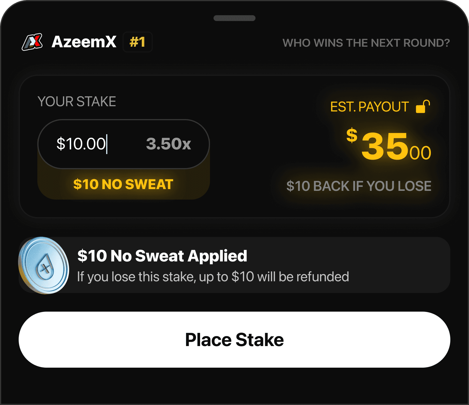 1v1Me Tekken live match staking screen showing AzeemX with $10 No Sweat first stake promo and estimated $35 payout