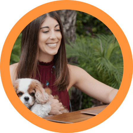 Photo of Ali Zarrow and her dog with an orange border.