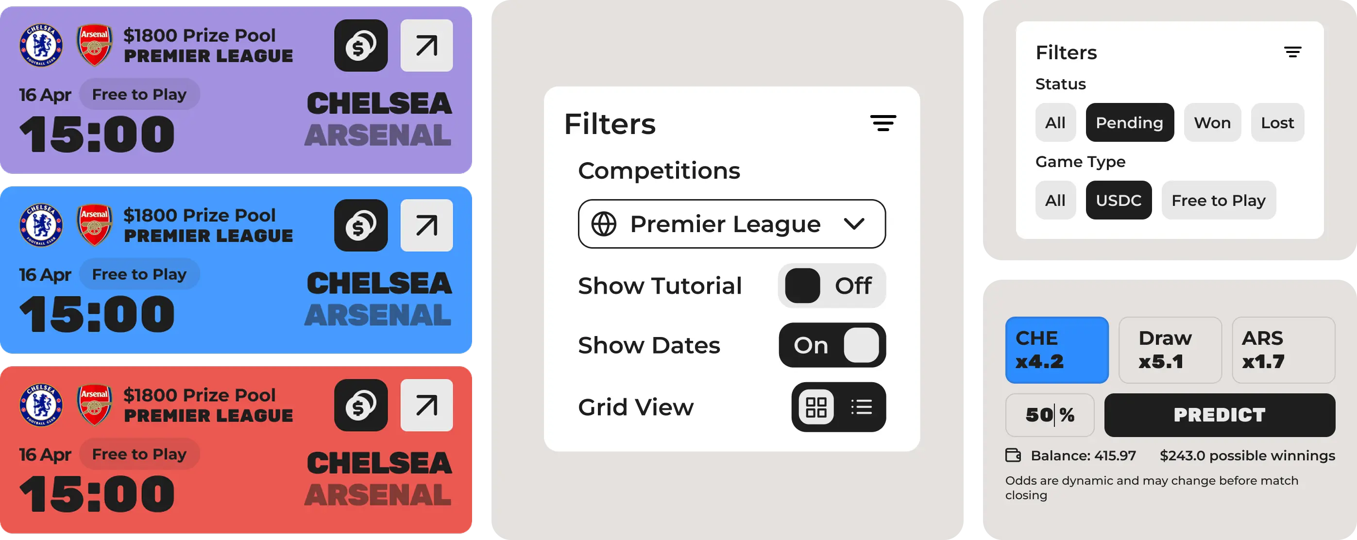 Detailed view of Scoreplay's UI components, including dynamic match filters, toggle switches, and the AI-driven prediction interface.