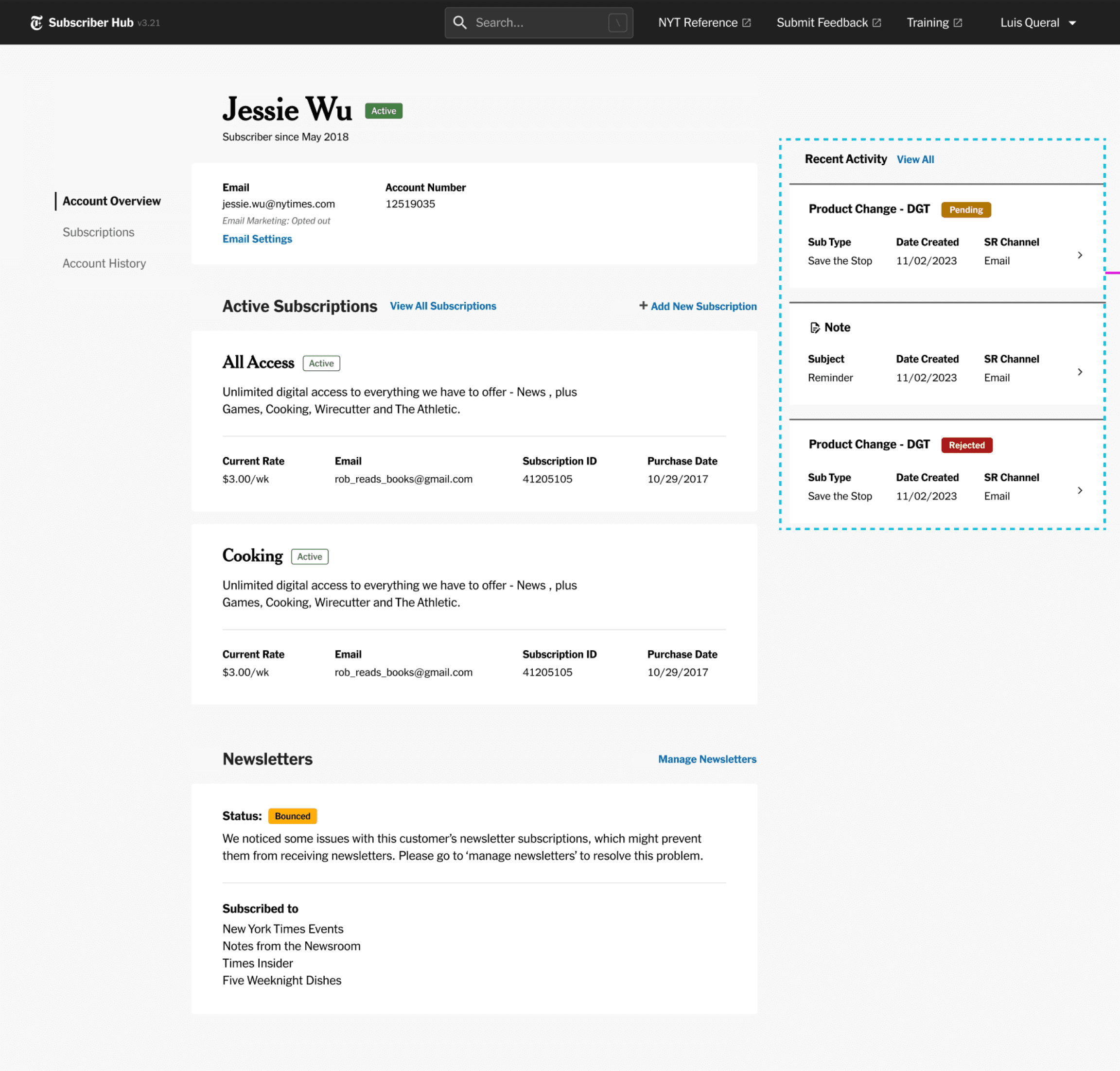 Account Overview, Recent Activity panel