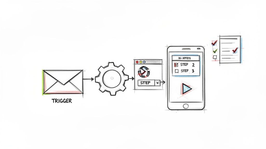 Diagram illustrating a multi-step digital process, from an initial trigger to in-app steps on a smartphone.