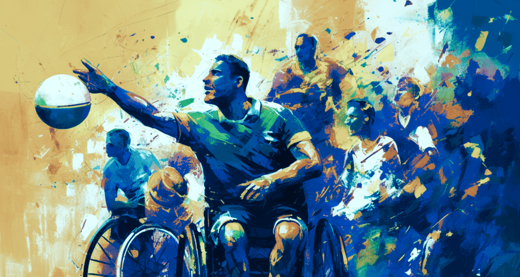 Artistic graphic of a man in a wheelchair playing basketball