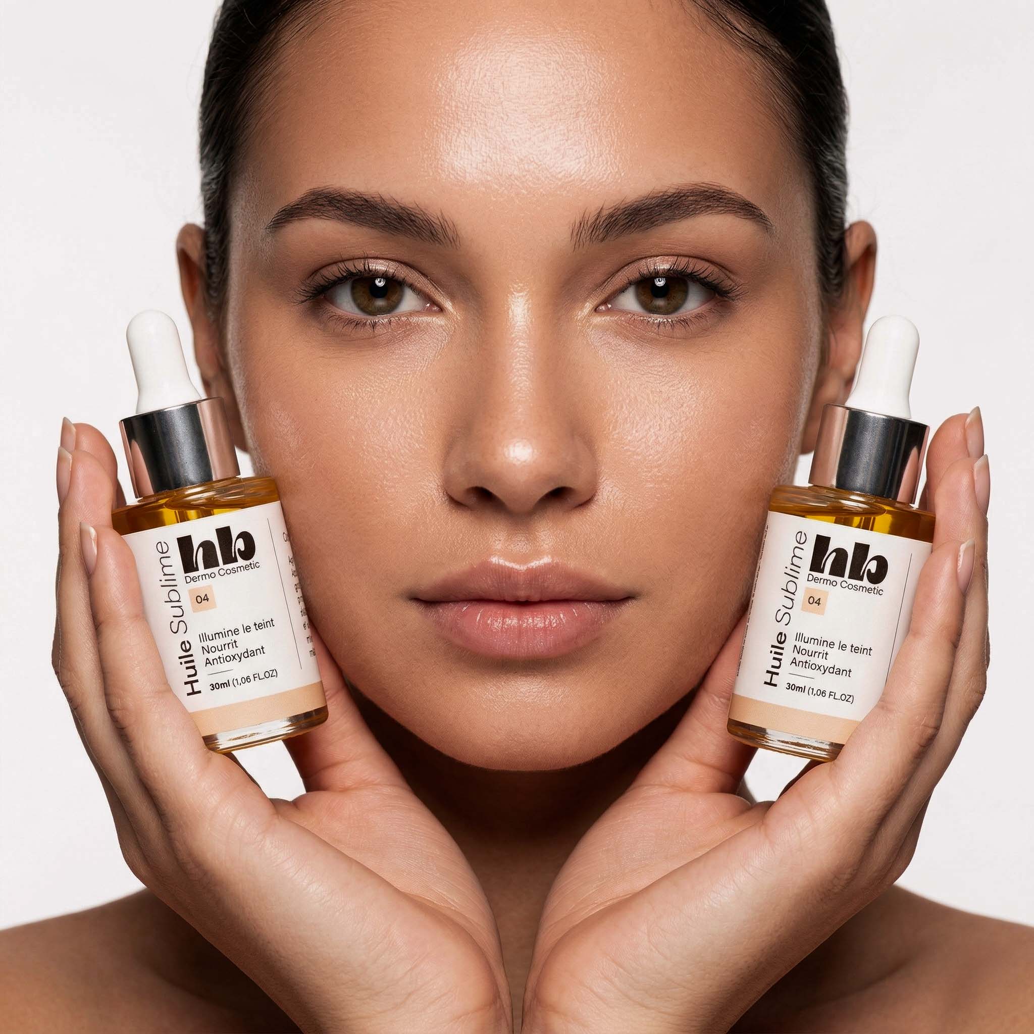 mannequin qui tient deux huiles pour le visage dans ses mains