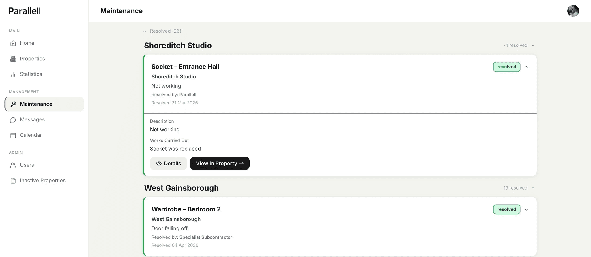 Parallell property dashboard