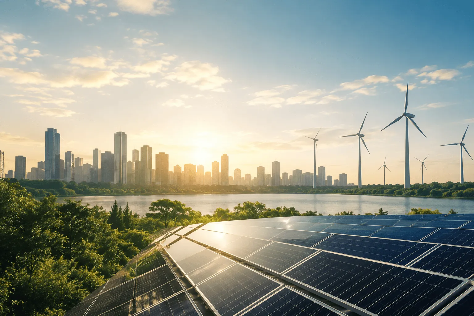 Sustainable city skyline with solar panels, wind turbines, and green landscapes representing clean energy and ESG-driven business growth.