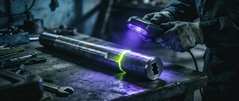 Fluorescent magnetic particle inspection under UV-A light showing green crack indication on steel shaft
