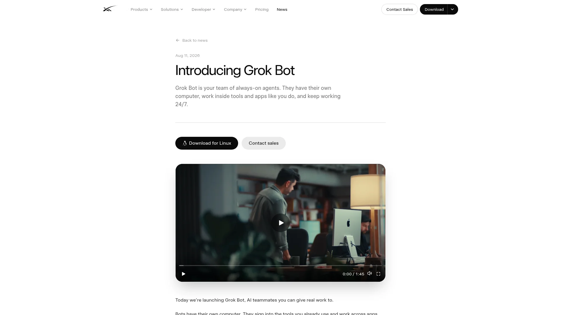 Grok Bot launch announcement page on the xAI website