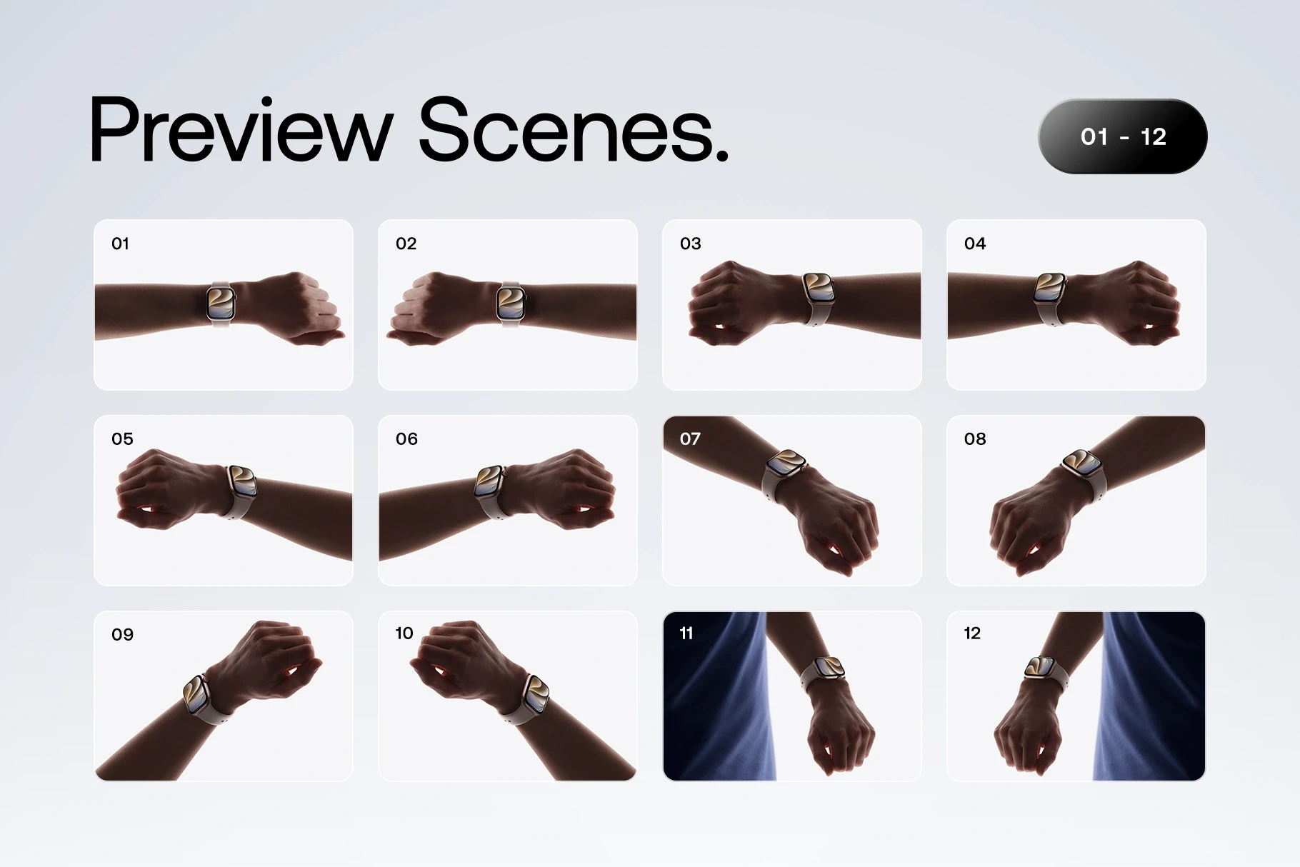 Preview grid of 12 Apple Watch Series 11 in-hand mockup scenes featuring multiple wrist angles and perspectives.