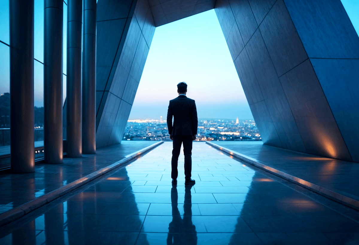 Businessman looking at a city skyline through large geometric pillars
