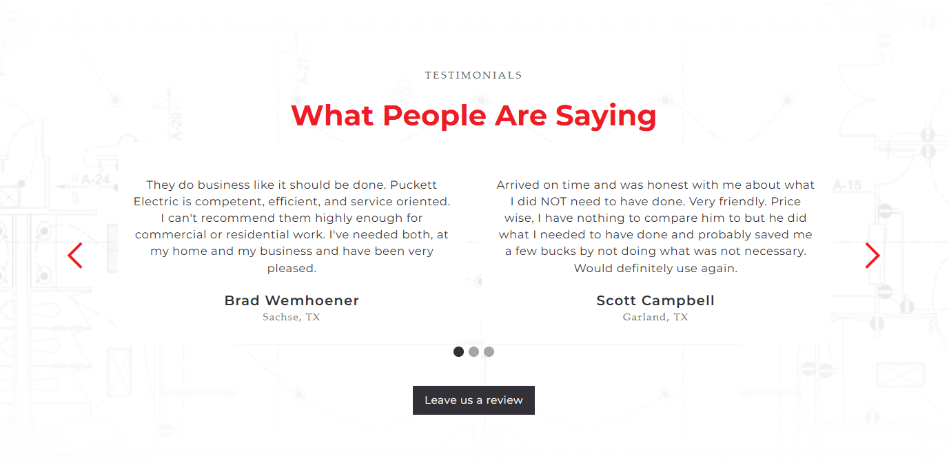 testimonial section of an electrician website