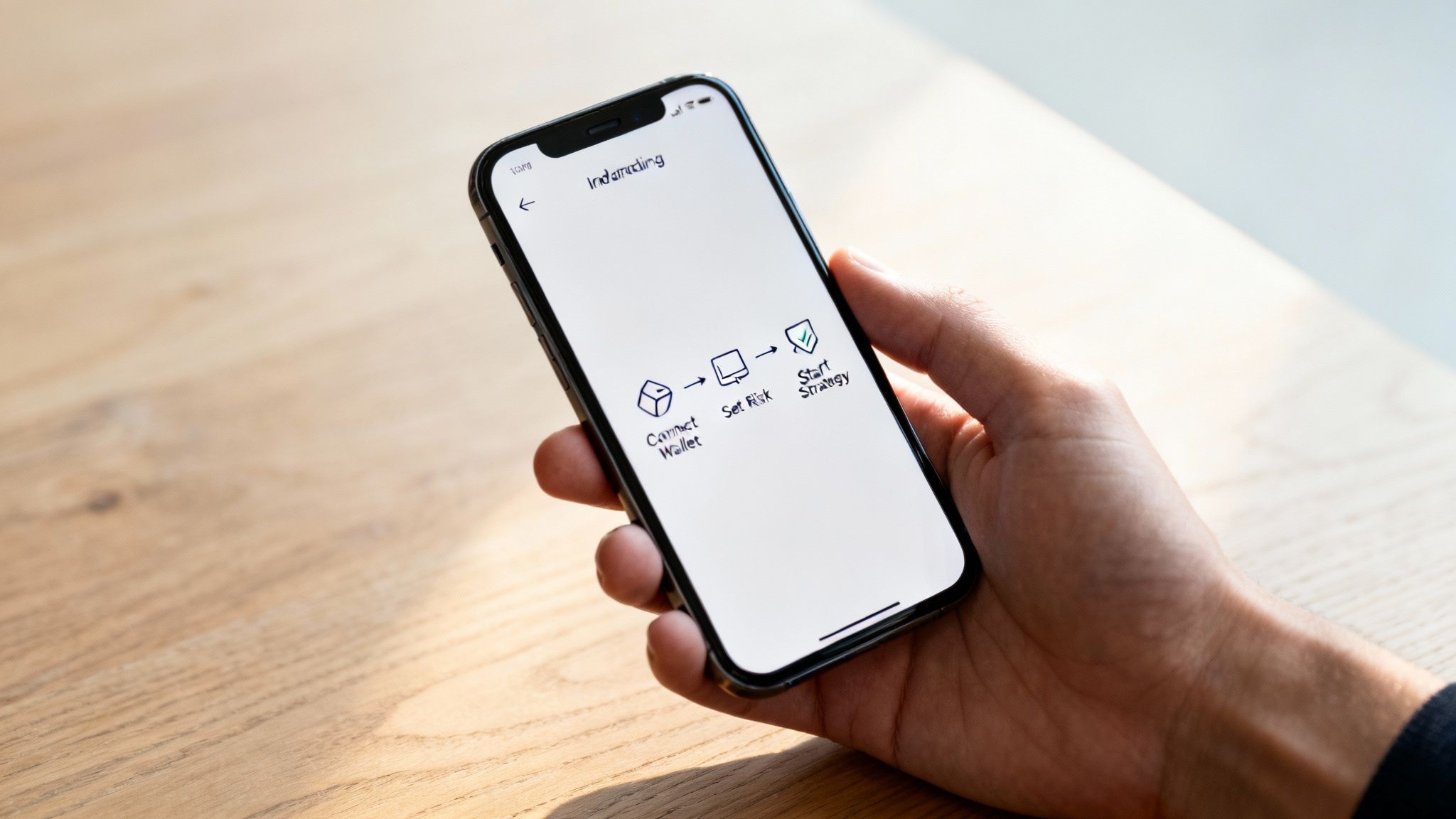 A hand holds a smartphone displaying a three-step onboarding process for a financial strategy app.