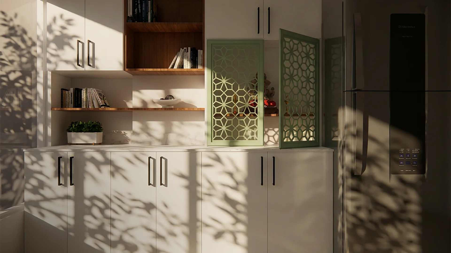 Contemporary kitchen cabinetry with open wooden shelving and decorative green lattice doors, illuminated by natural light.