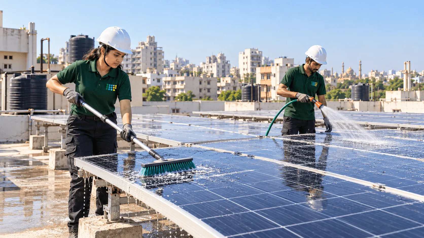Workers cleaning rows of solar panels on a large rooftop