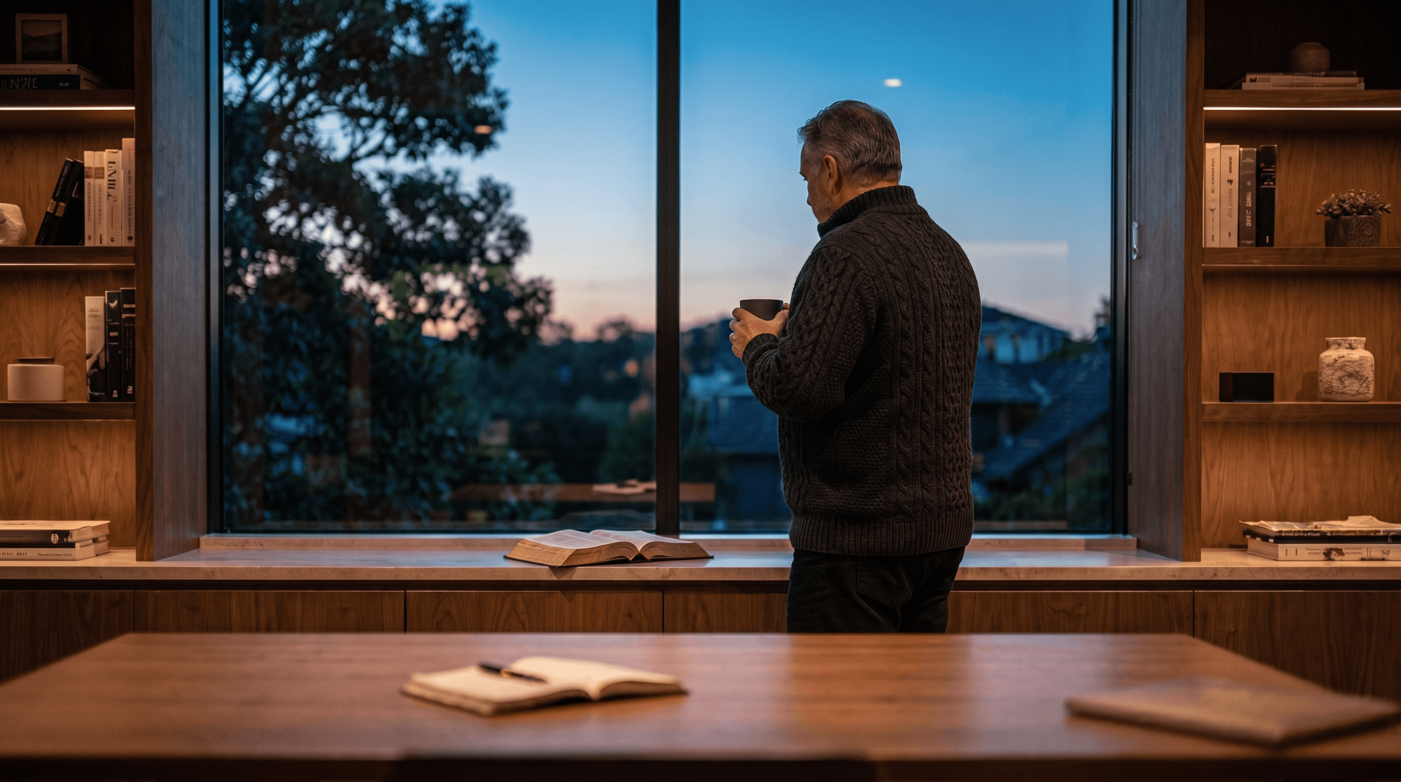 Business owner at window over town at dusk, holding coffee with open notebook on desk
