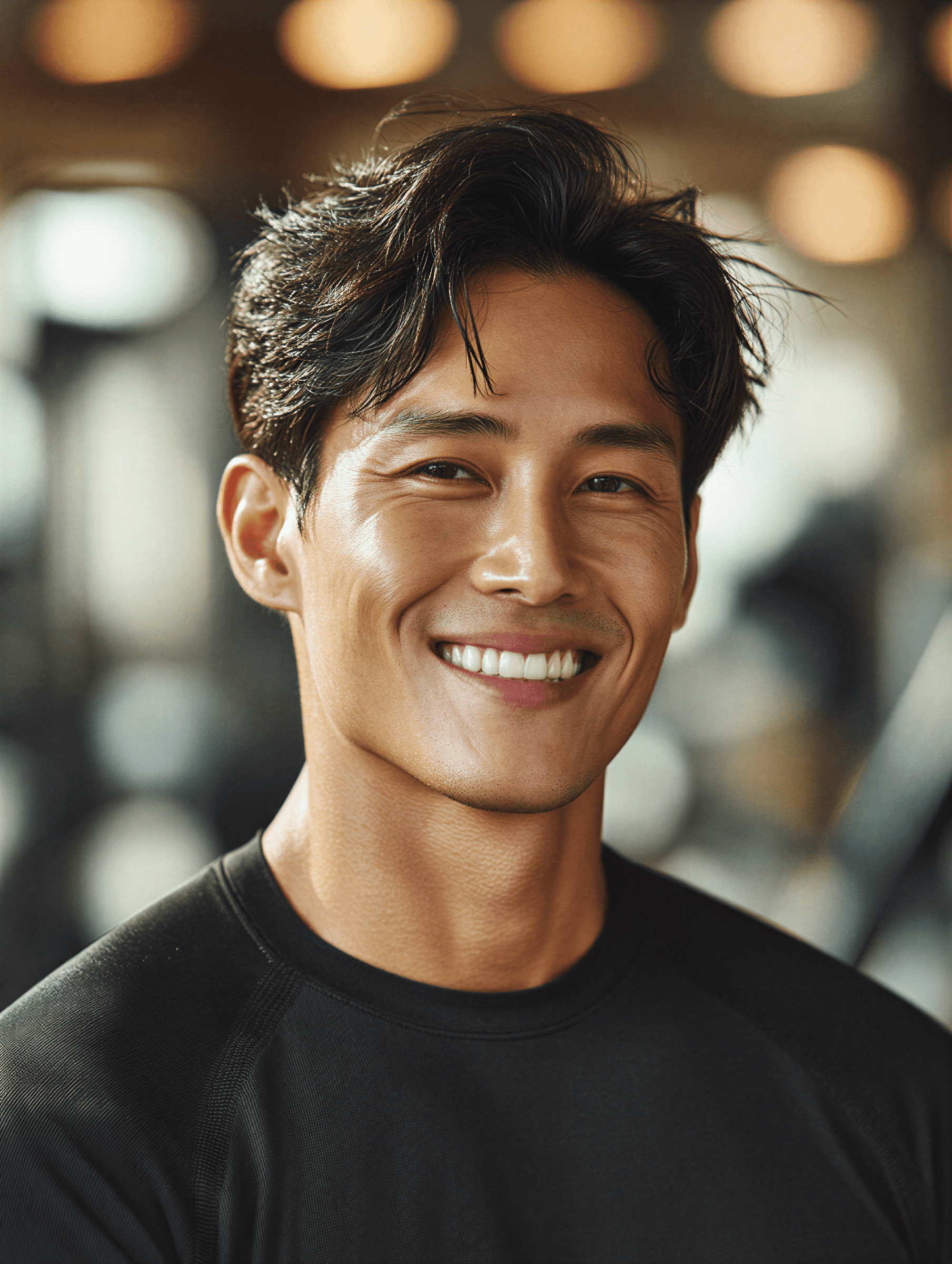 A smiling man with tousled dark hair and a black shirt, set against a blurred gym background.