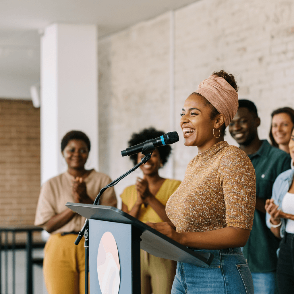 hero section background with plenty of space to the left out of focus; subject is a woman of color giving a speech from a podium with a smile and a laugh and confidence while others look on appreciatively