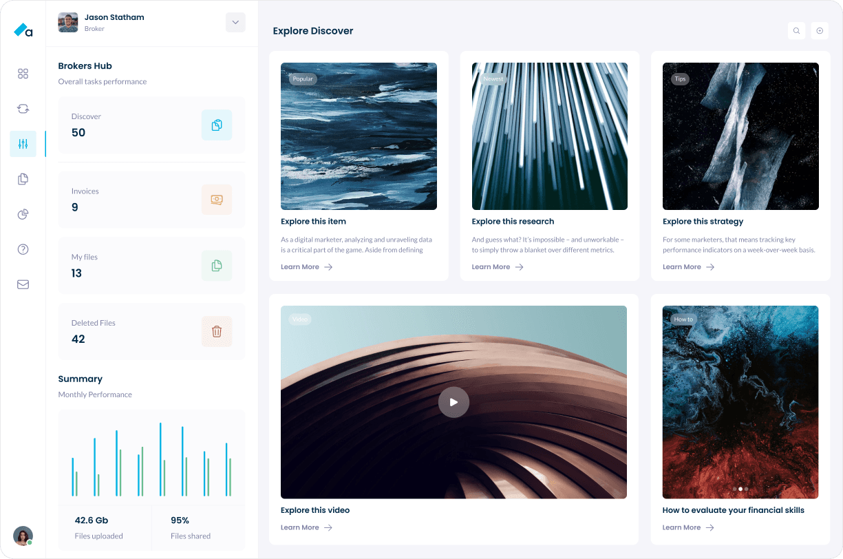 Explore Discover screen from the redesigned Azora Finance Brokers Hub, showing a modern web dashboard where brokers can view performance metrics and access the latest educational content. The layout includes a left sidebar with KPIs such as deals submitted, invoices, files shared and monthly performance charts, alongside a grid of article and video cards titled ‘Explore this item,’ ‘Explore this research,’ ‘Explore this strategy,’ and more. Clean, minimal UI helps brokers stay informed with industry insights, resources and updates within Azora’s lending and finance management platform.