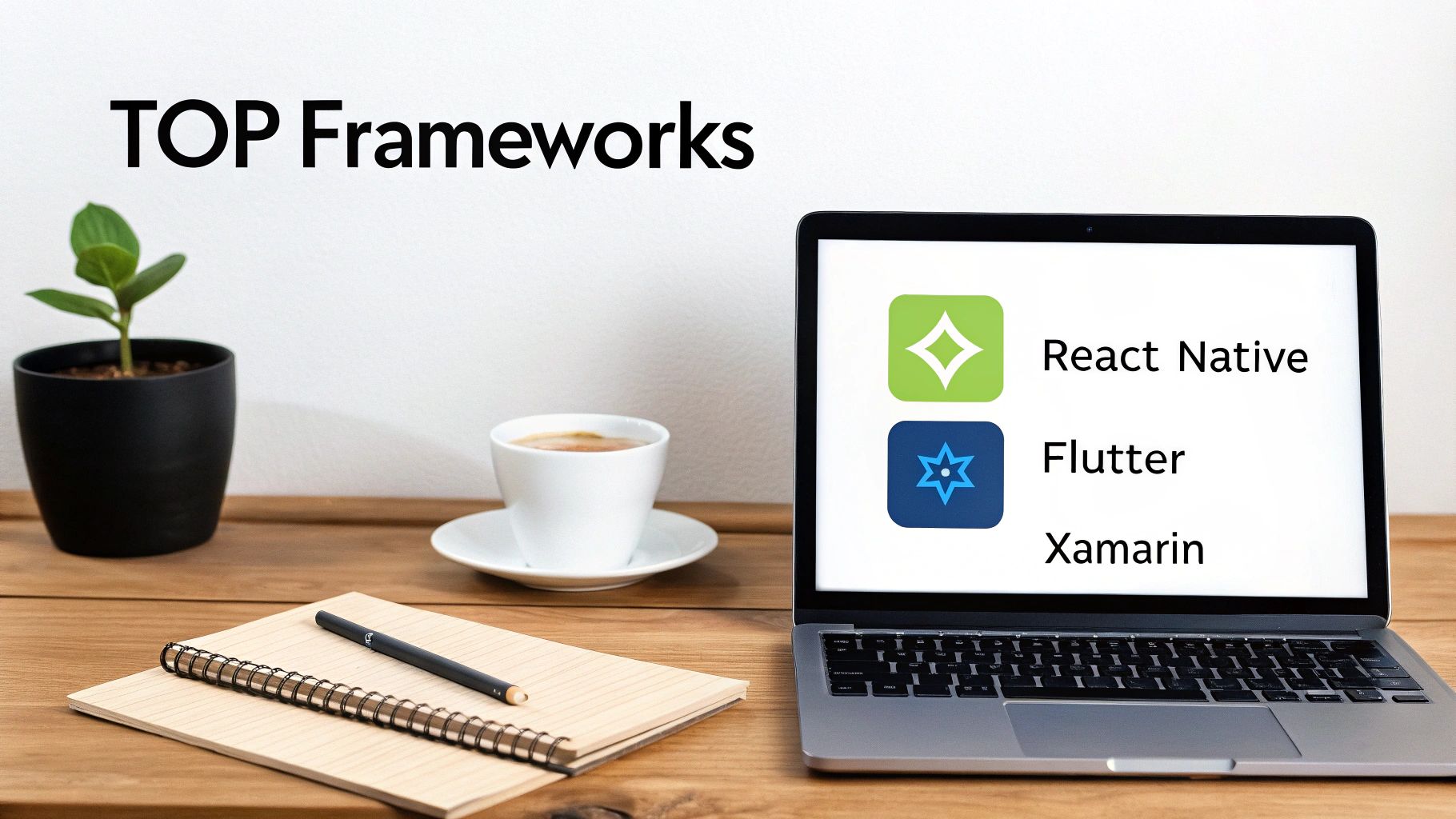 A laptop on a wooden desk displaying 'TOP Frameworks': React Native, Flutter, and Xamarin, alongside a coffee cup and plant.