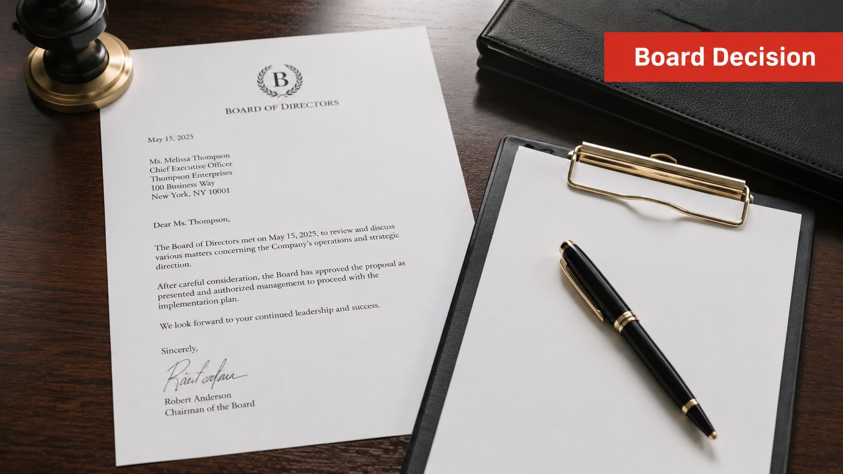 A professional letter from a board of directors placed on a wooden desk with a pen and clipboard.