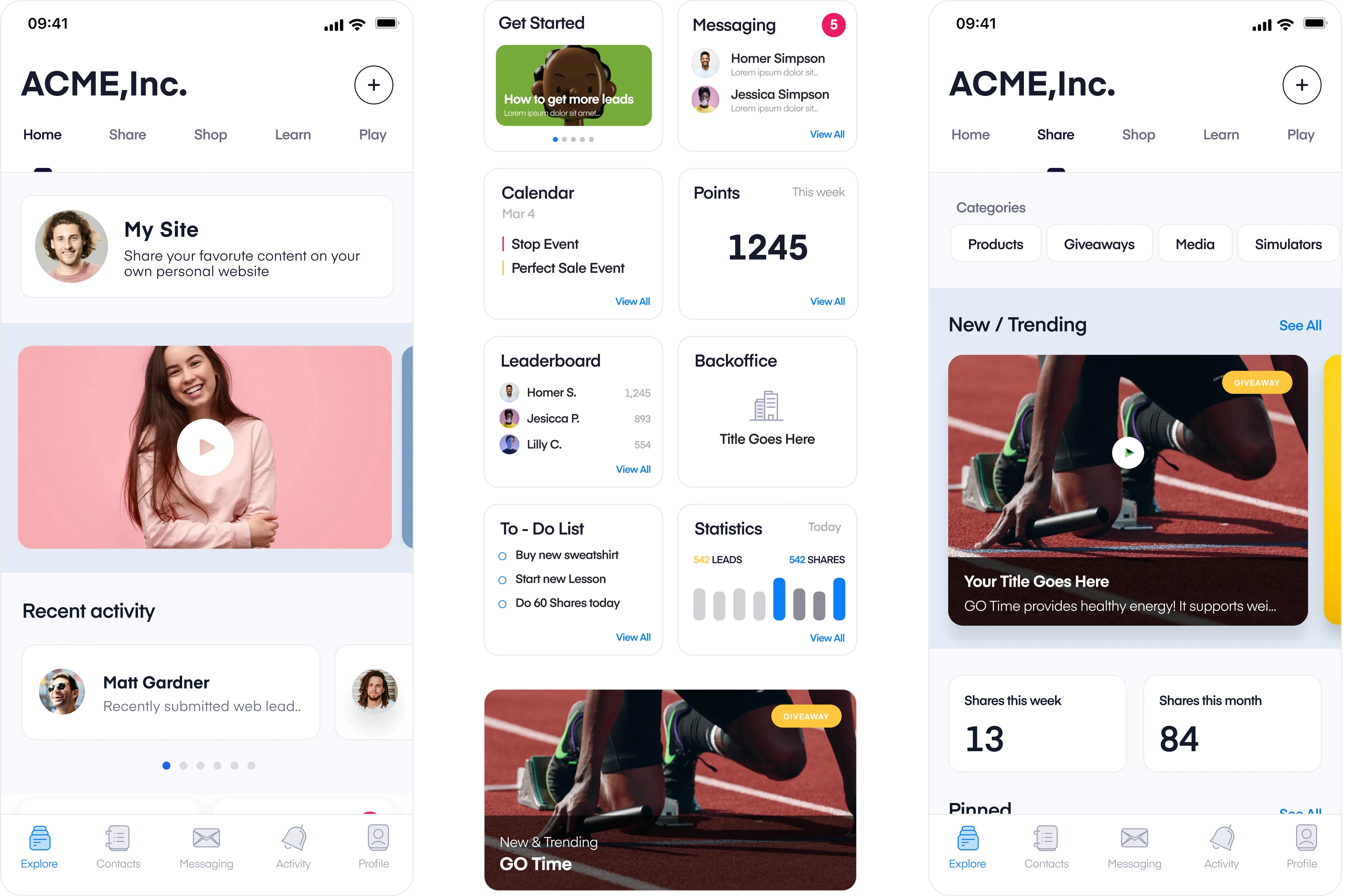Fluid CRM app showcase featuring profile, share, and dashboard screens, including personal site previews, activity feeds, messaging, points tracking, leaderboards, to-do lists, and trending content widgets — demonstrating Fluid’s complete toolset for direct sales and network marketing professionals.