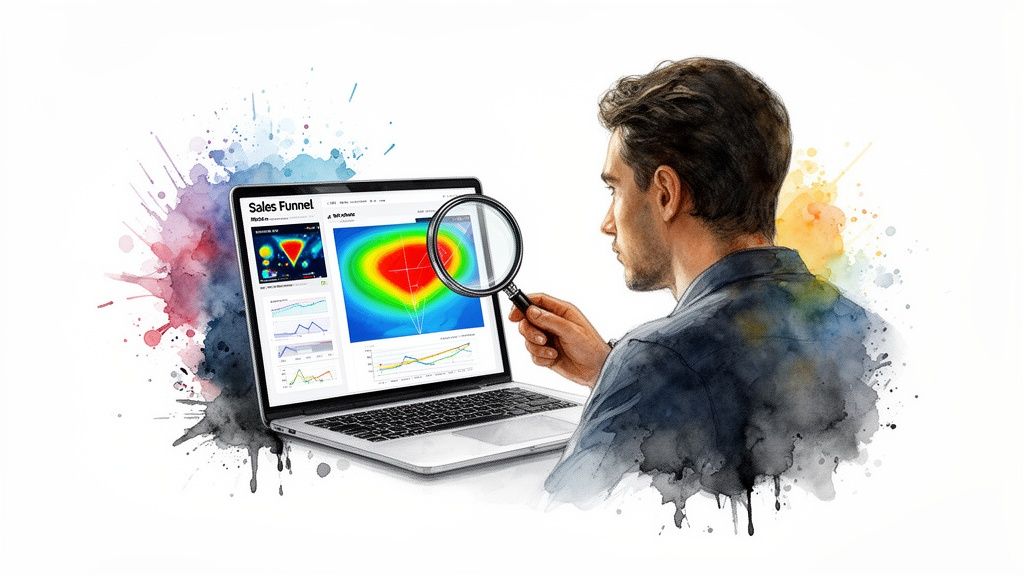 Watercolor illustration of a person examining a sales funnel dashboard on a laptop with a magnifying glass.