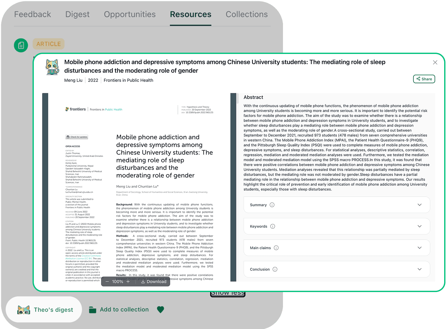 thesfy's app showing resources provided by using semantic search
