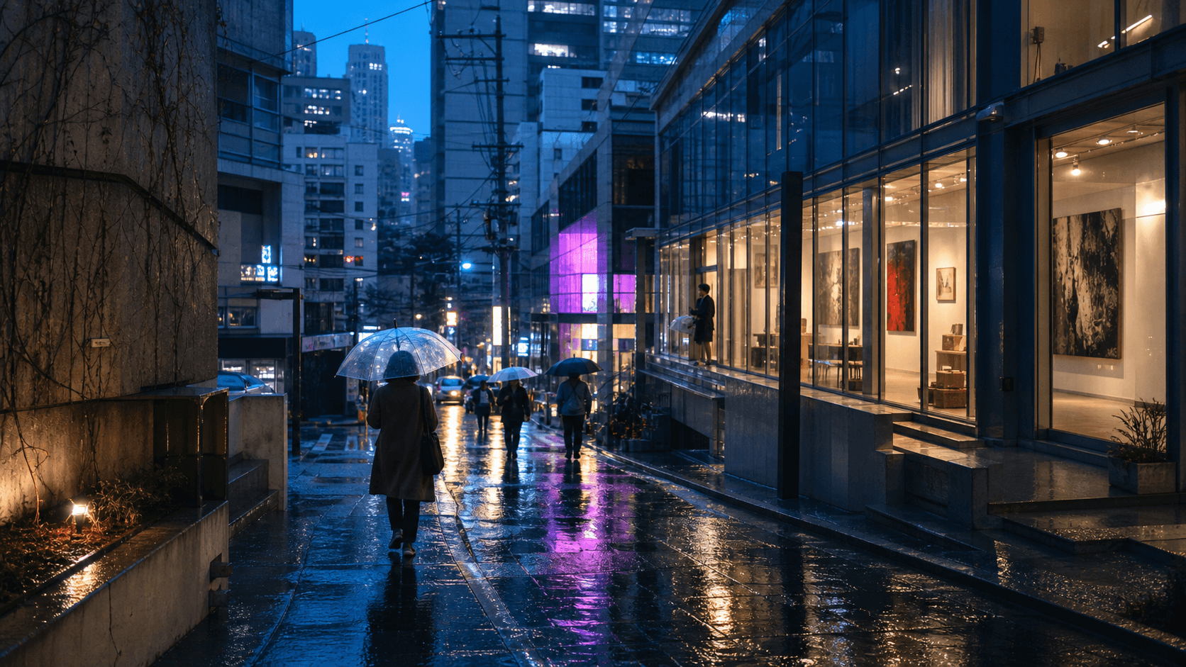 A cool-toned Seoul side street at night with neon signs, rain reflections, and people walking under umbrellas