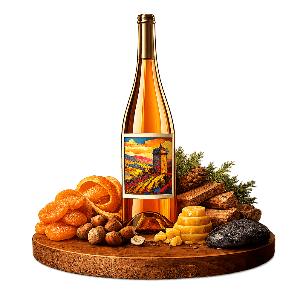 Artistic label and flavor profile for Goriska Brda Rebula on a rustic wooden table.