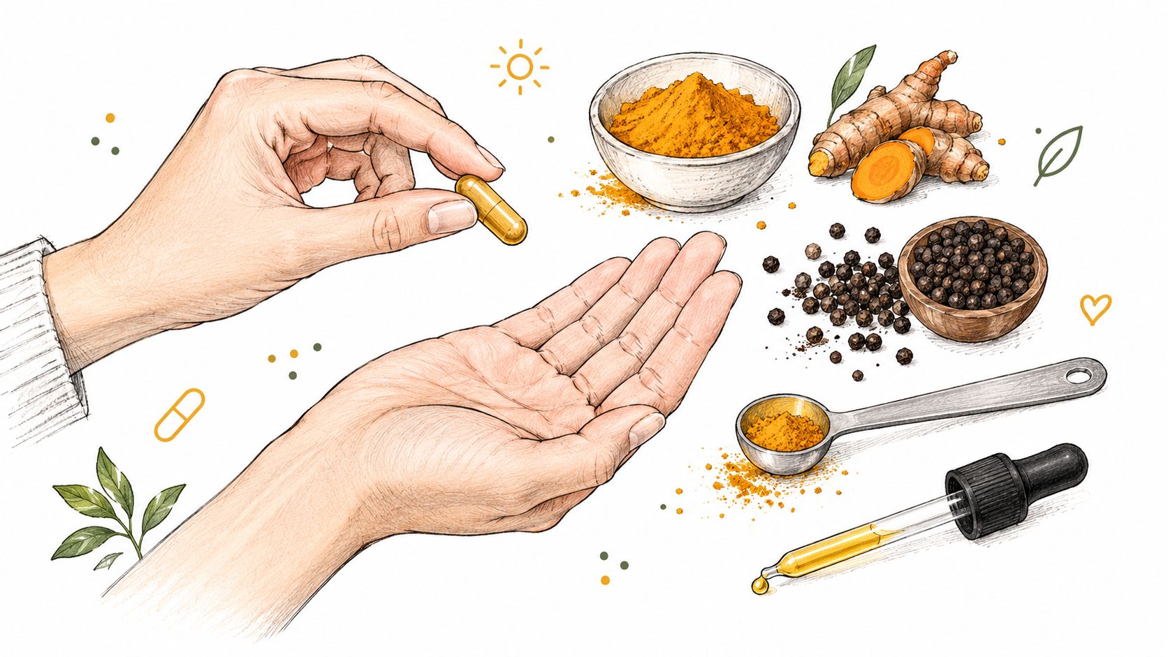 A hand holding a turmeric capsule over an open palm, surrounded by raw turmeric, black pepper, and oil.