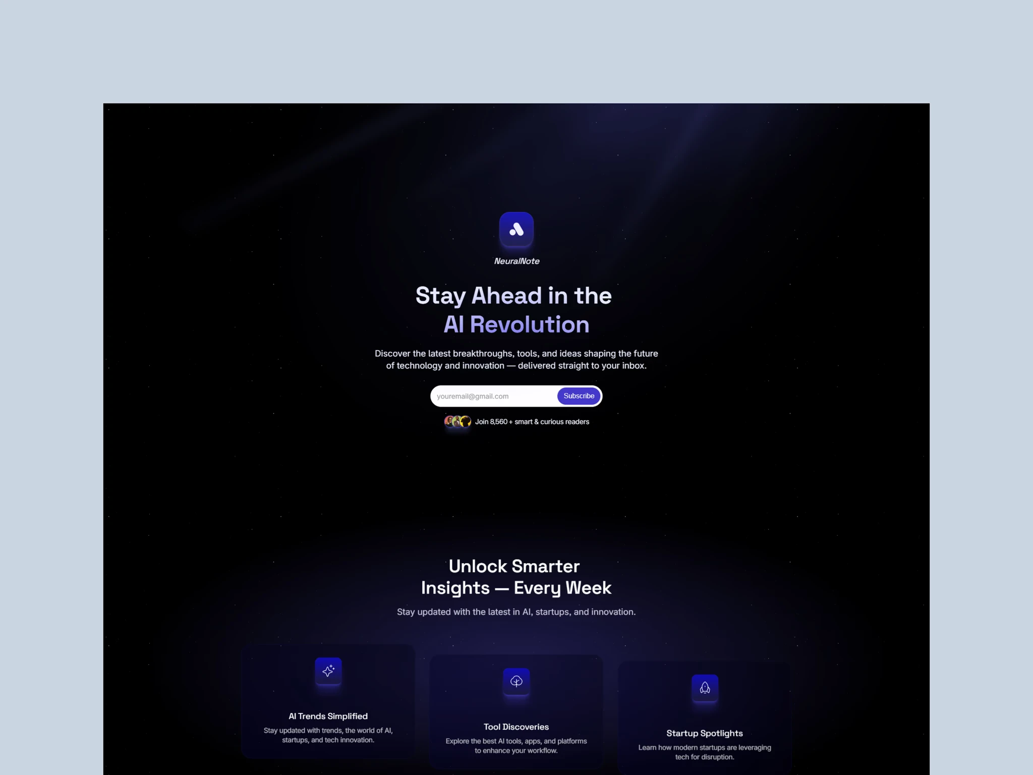 NeuralNote AI and marketing agency dark template with email subscribe hero section and feature cards for weekly insights.