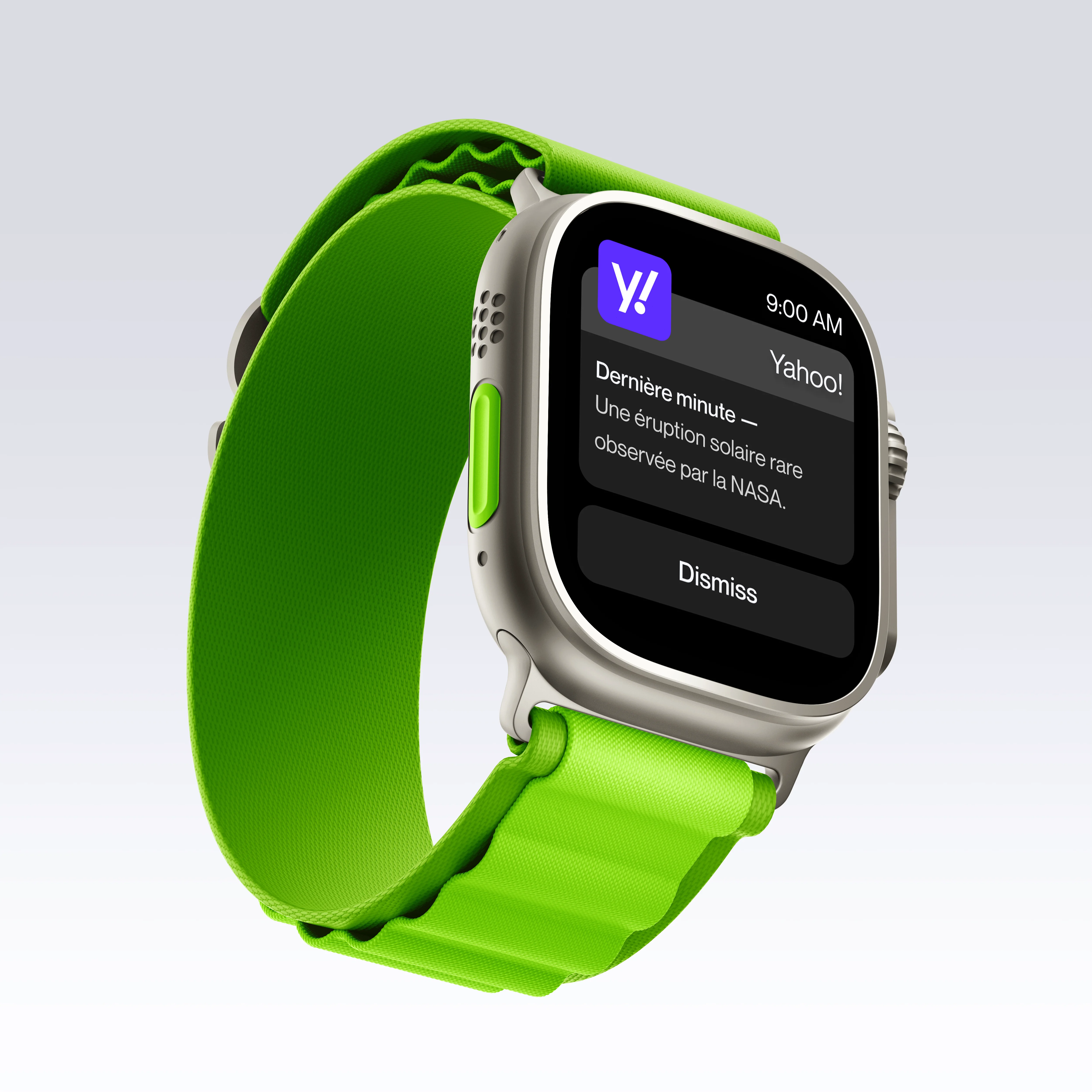 Mockup d'une notification de l'application Yahoo!, on y voit le favicon sur une Apple Watch Ultra. 