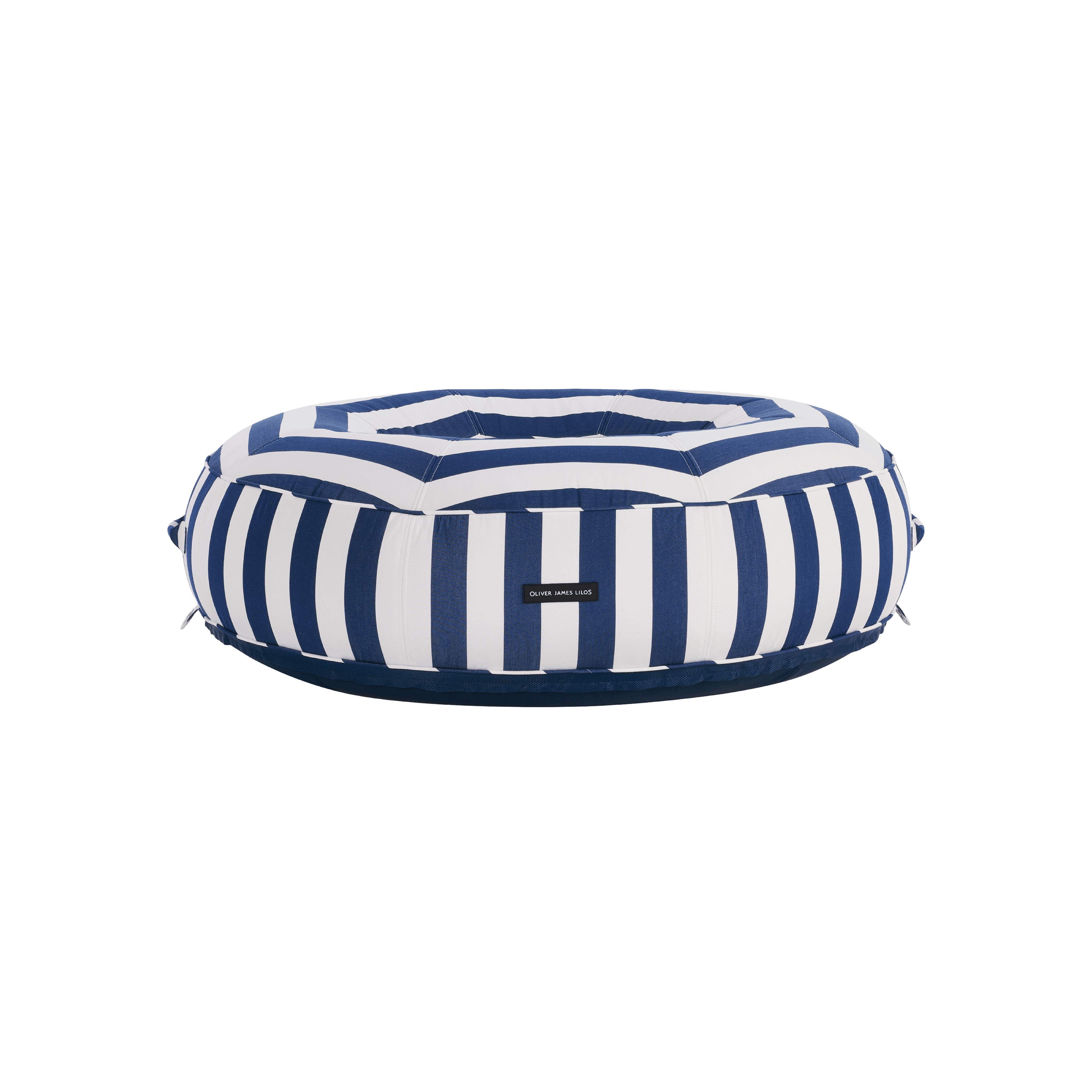 Ring-shaped luxury pool float in wide blue-and-white stripe canvas with quilted panels