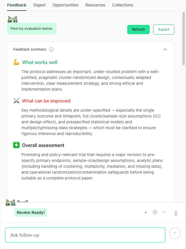 thesify's pre-submission feedback summary evaluating a study protocol, detailing what works well, specific methodological areas to improve, and an overall assessment.
