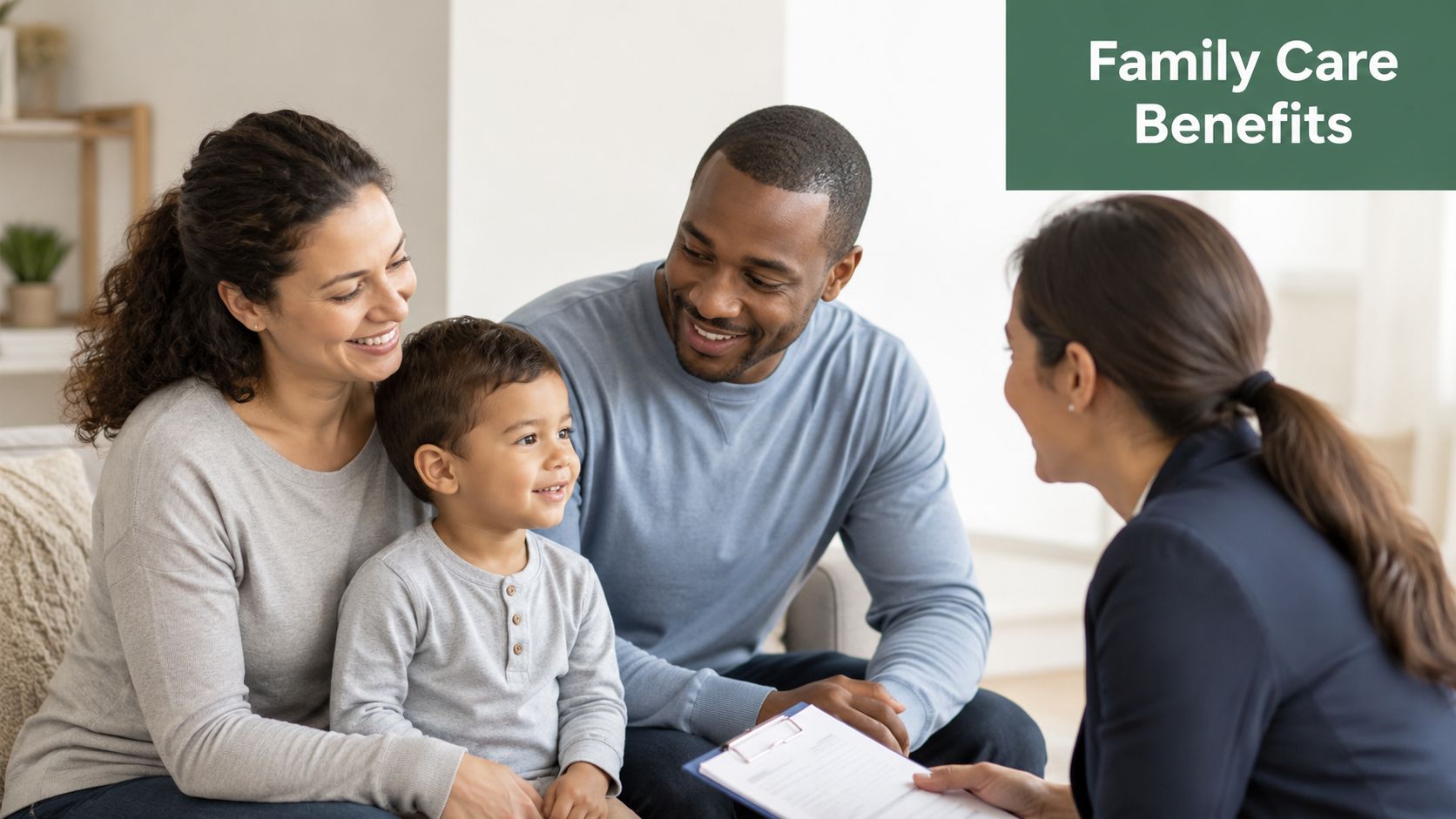 A happy family discussing benefits with an advisor while holding a clipboard in a bright room.