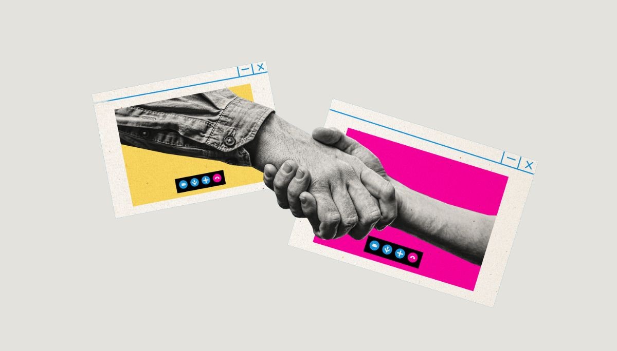 Two hands reaching through computer windows for a digital handshake, symbolizing best video interviewing software and how to pick the right one.