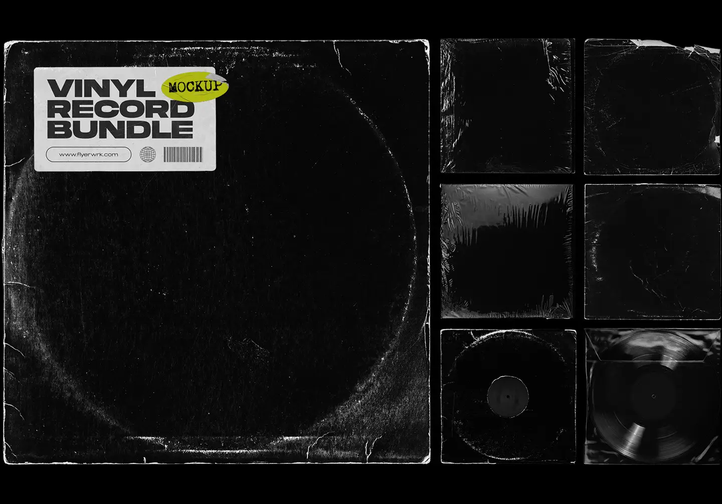 Vinyl record mockup bundle with distressed album sleeve and vinyl record