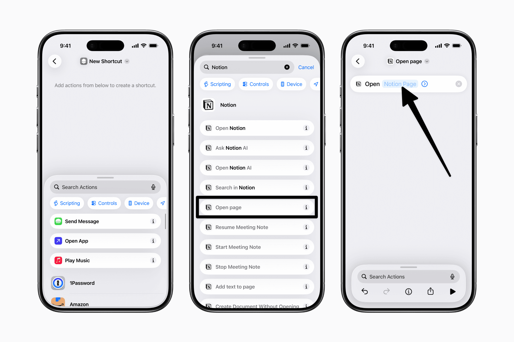 Adding the Notion Open Page action in Apple Shortcuts