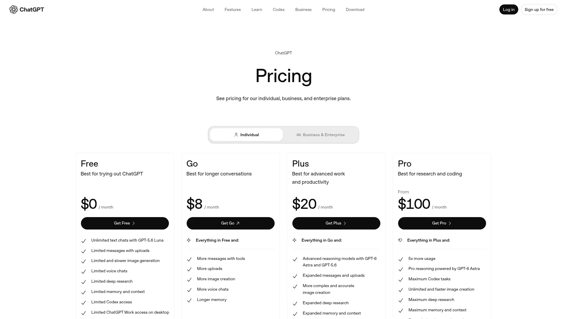 ChatGPT pricing page showing Free, Go, Plus and Pro plan tiers for 2026