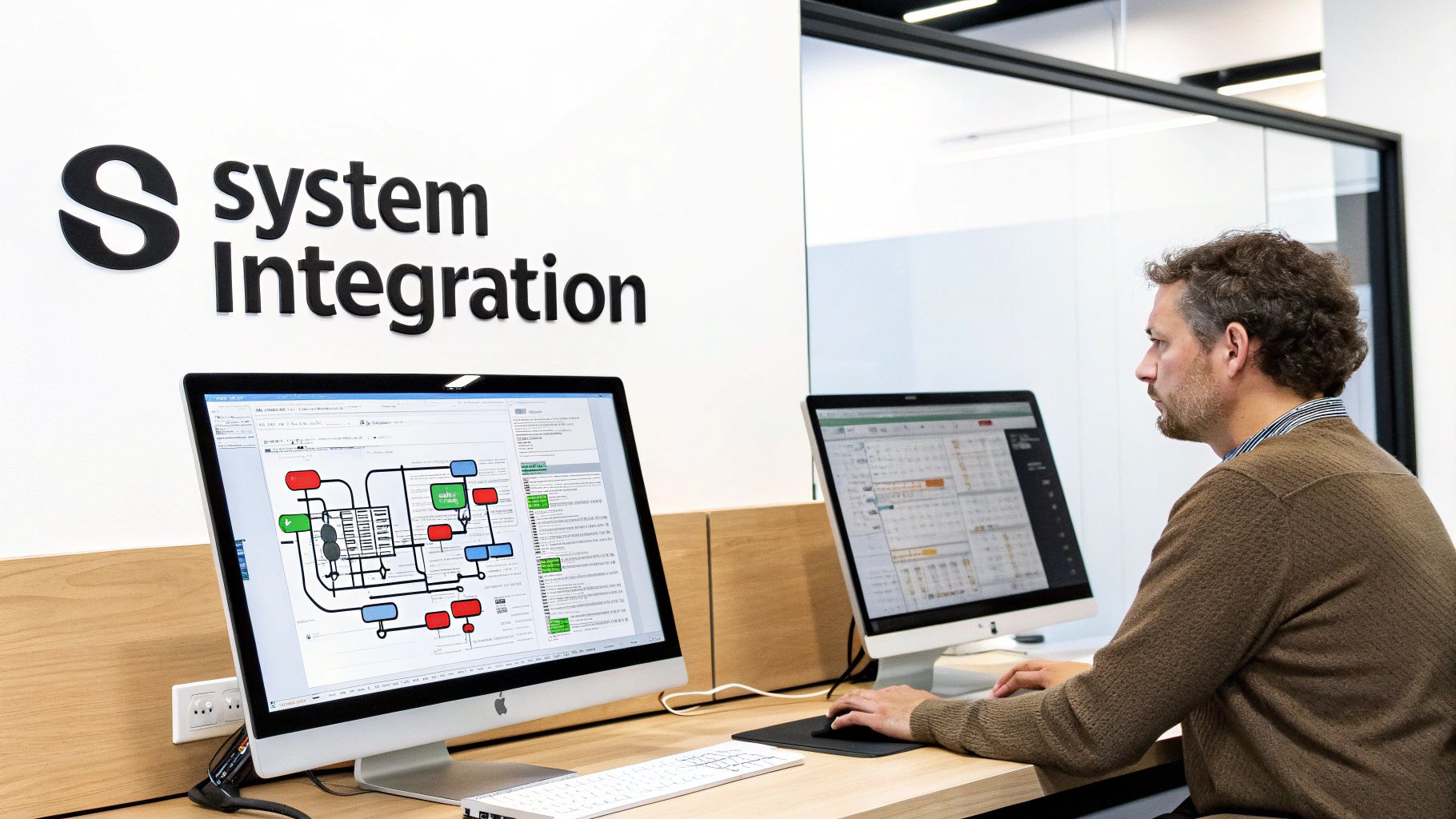 Man working on dual computer monitors, displaying system integration diagrams and spreadsheets.