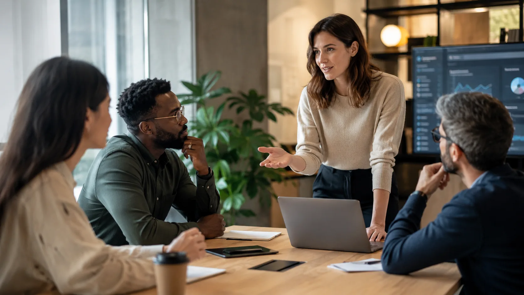 Profissionais em reunião colaborativa desenvolvendo soft skills como comunicação, liderança, pensamento crítico e tomada de decisão no trabalho.