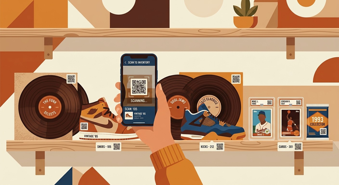 Vertical inventory tracker app illustration with QR scanning collectibles