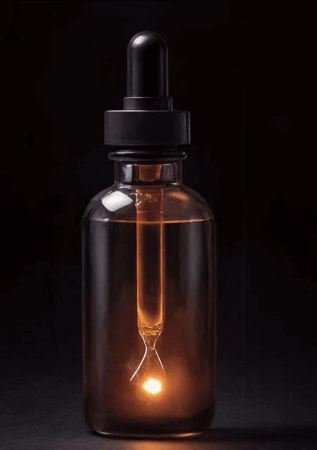 Tinctures: amber dropper bottle with a glowing drop