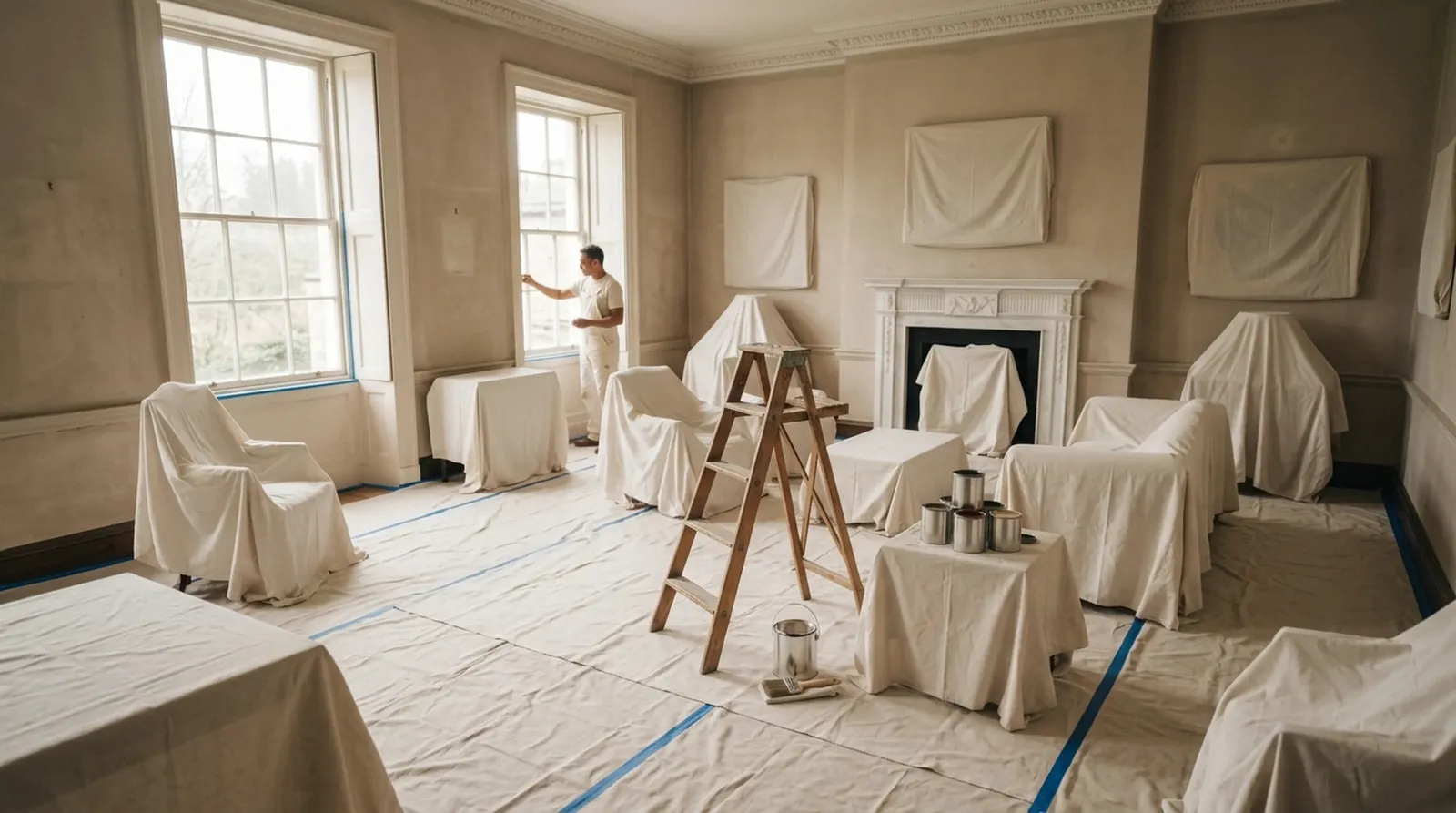 A period room fully protected with dust sheets and masking before decorating