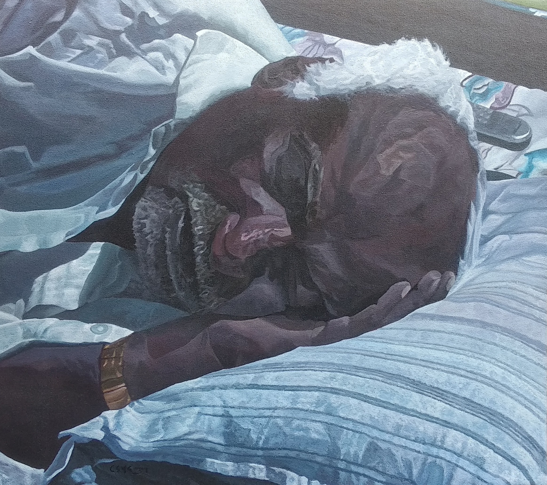 herd of sheep on road painting