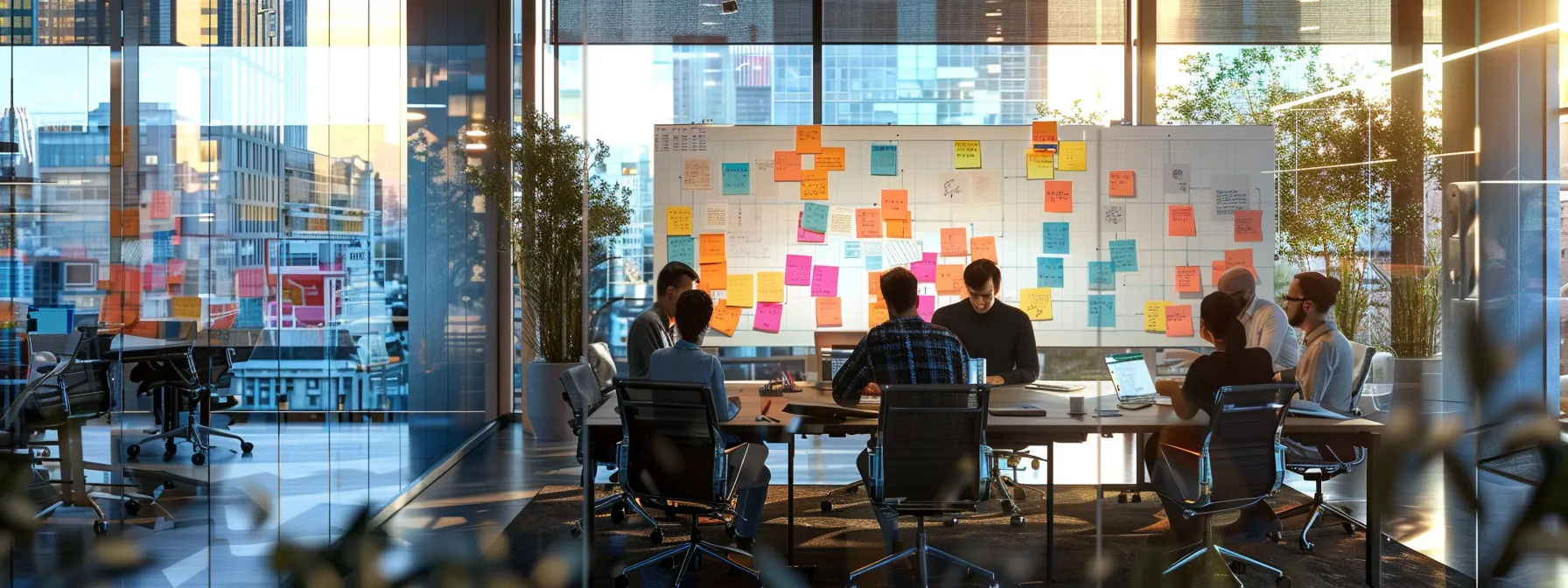 a sleek, modern office with large glass windows, ambient lighting, and minimalist furnishings showcases a team in a dynamic brainstorming session around a digital whiteboard filled with vibrant sticky notes and colorful diagrams.