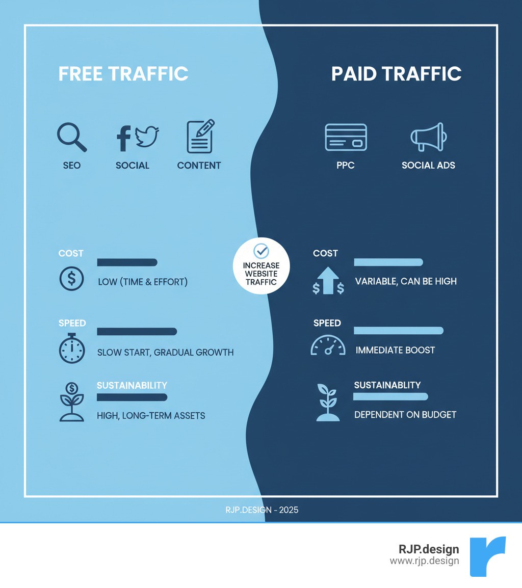 Infographic showing a comparison between Free Traffic (SEO, Social, Content) and Paid Traffic (PPC, Social Ads) based on cost, speed of results, and long-term sustainability - website traffic increase infographic 