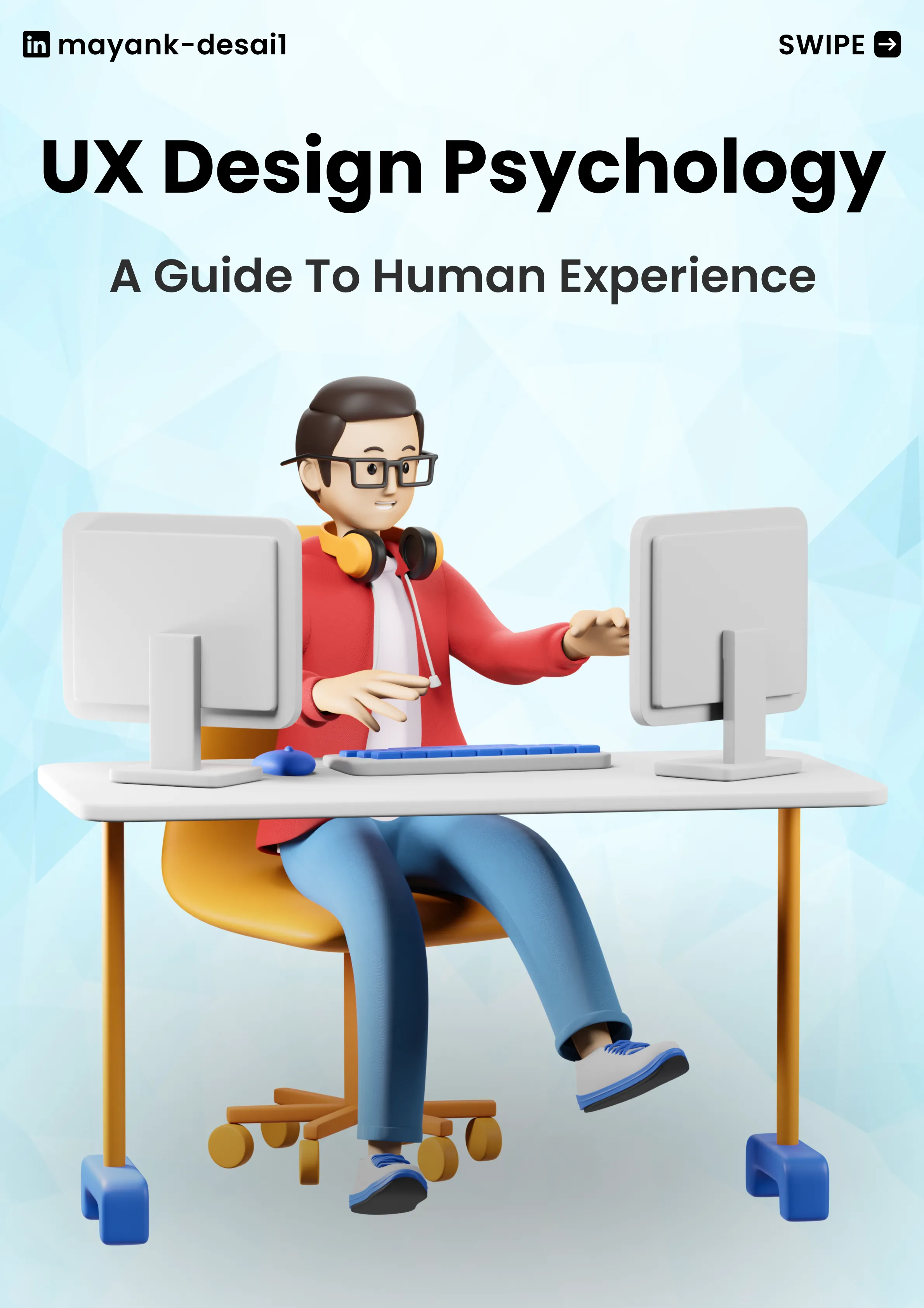3D character wearing headphones at desk with dual monitors for Mayank Desai’s blog ‘UX Design Psychology: A Guide to Human Experience.’