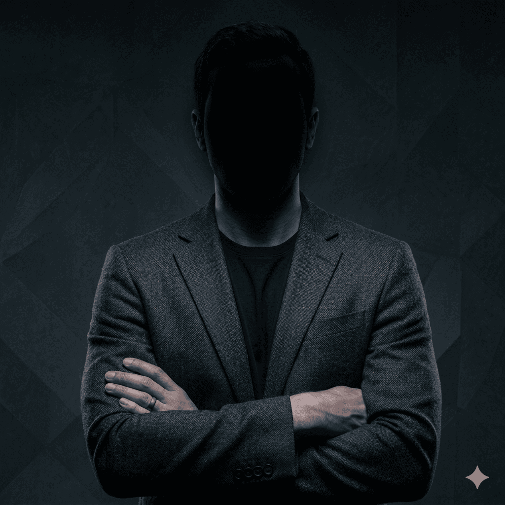 A confident person with short, styled hair and a leather jacket poses against a dark backdrop.