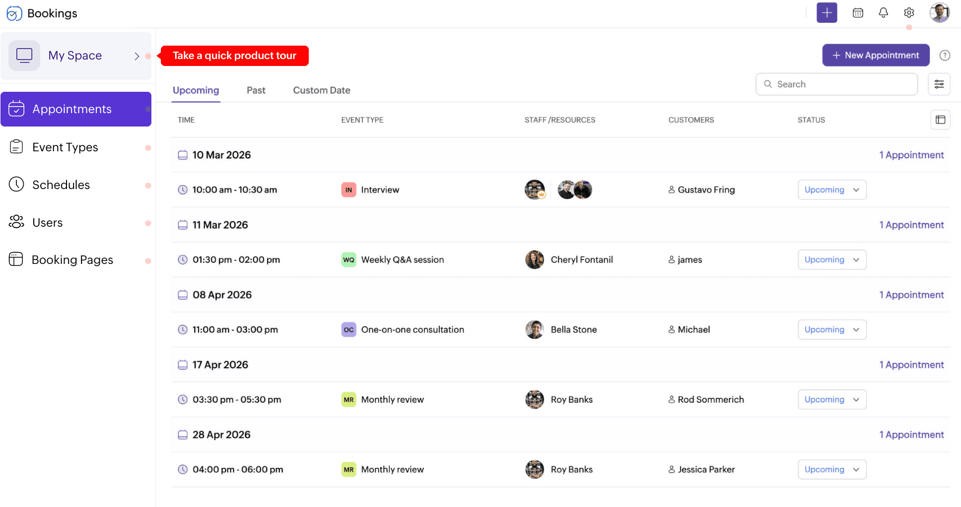 Illustration of Zoho Bookings’ appointment scheduling dashboard